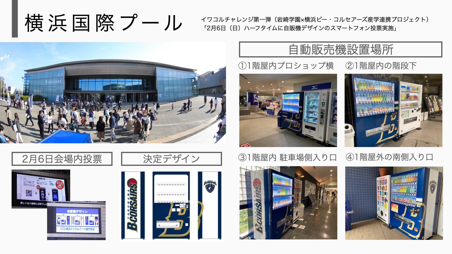 【イワコルチャレンジ第1弾活動報告】自販機デザインスマートフォン投票で決定したビーコル自販機が横浜国際プールに設置されました！

