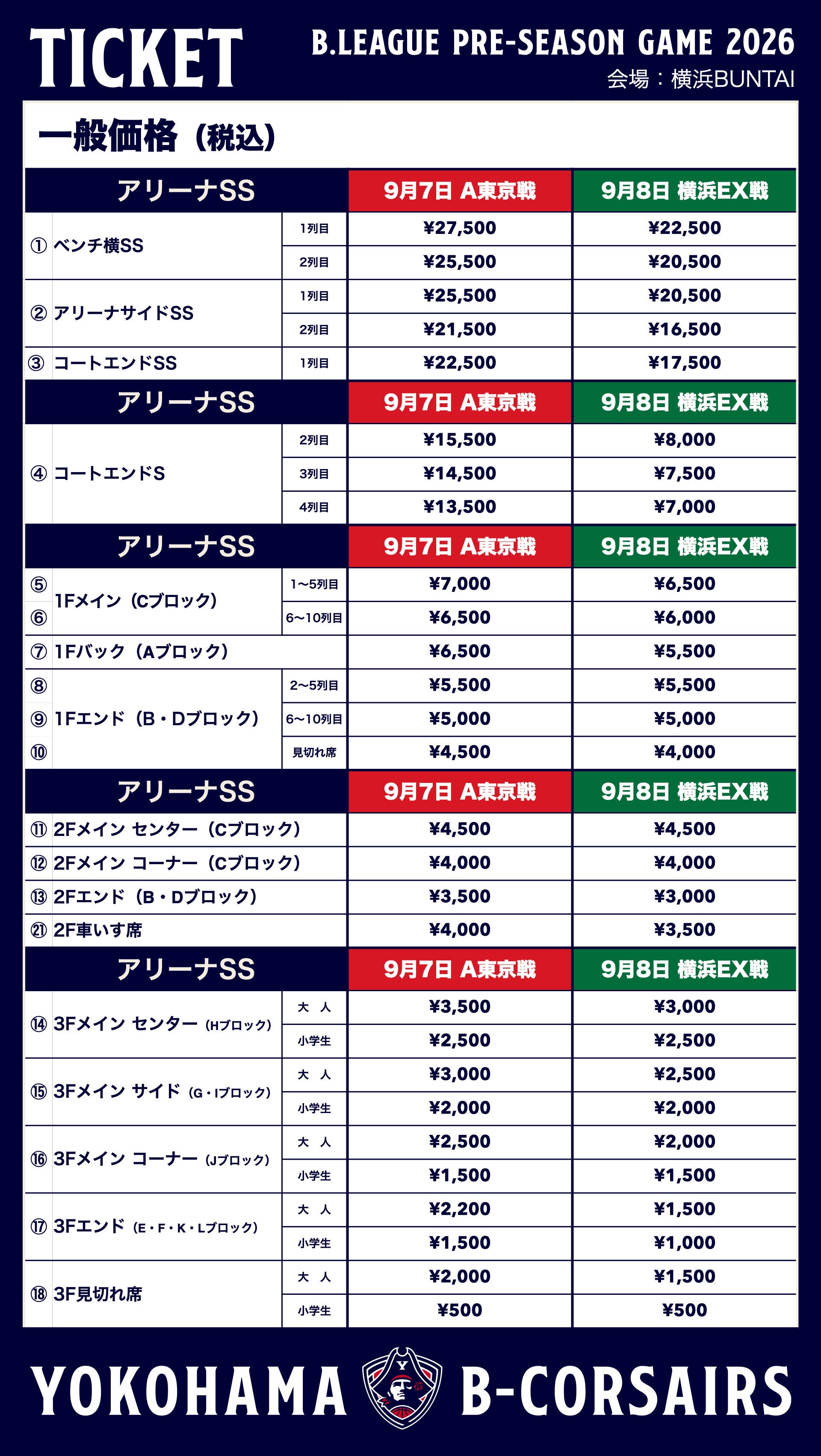 横浜BUNTAI 2026-27プレシーズンゲームチケット販売価格②