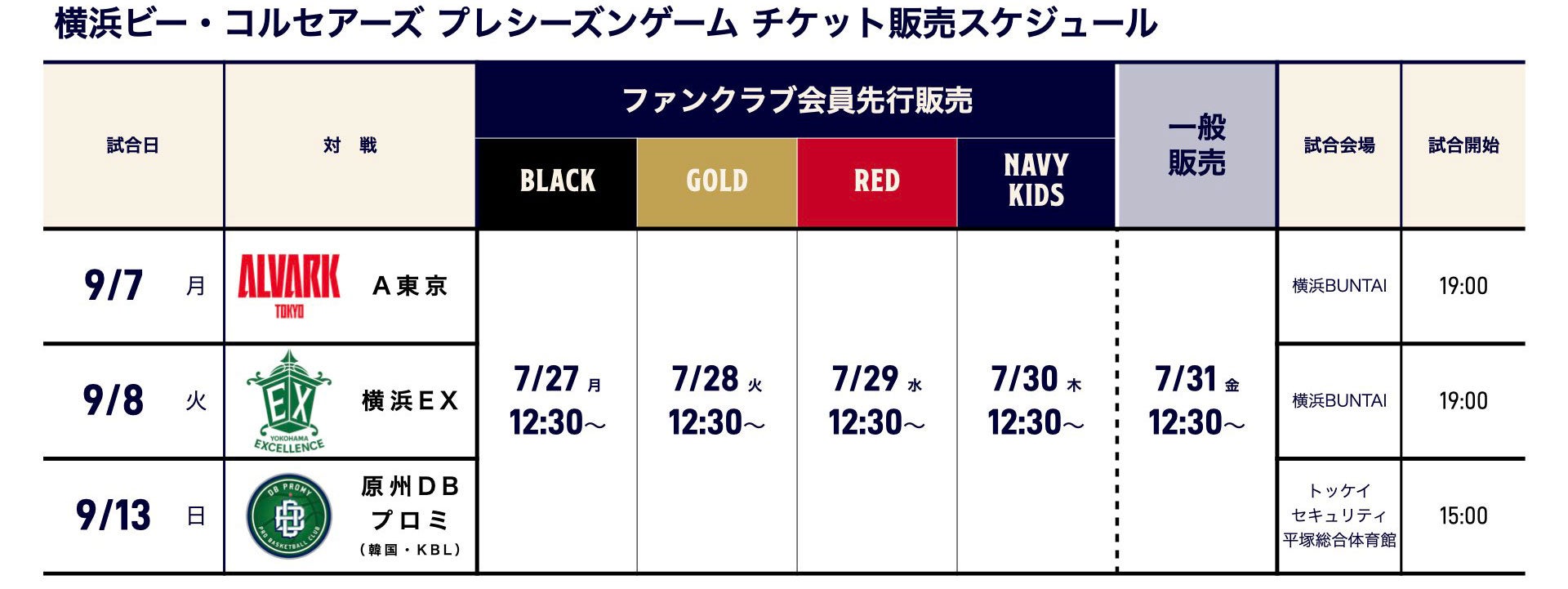 プレシーズンゲームチケット販売スケジュール