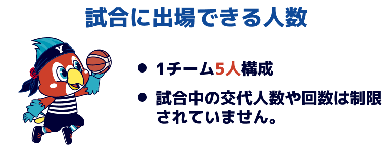 試合に出場できる人数：1チーム5人編成。試合中の交代人数や回数は制限されていません。